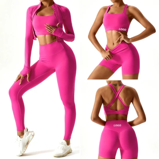 Neue Ankunft 2/3/4PCS Sexy Lauf-Workout-Kleidung für Frauen, individuelles Logo-Fitness-Yoga-Set Po-Lifting-Shorts + Leggings + Gymnastik-BH + Reißverschlussjacke Activewear
