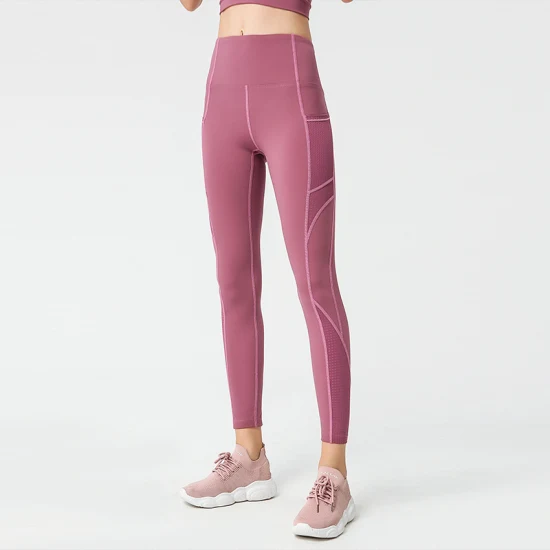 Glänzende lange Mesh-Taillen-Leggings, sexy Yoga-Hose für Frauen