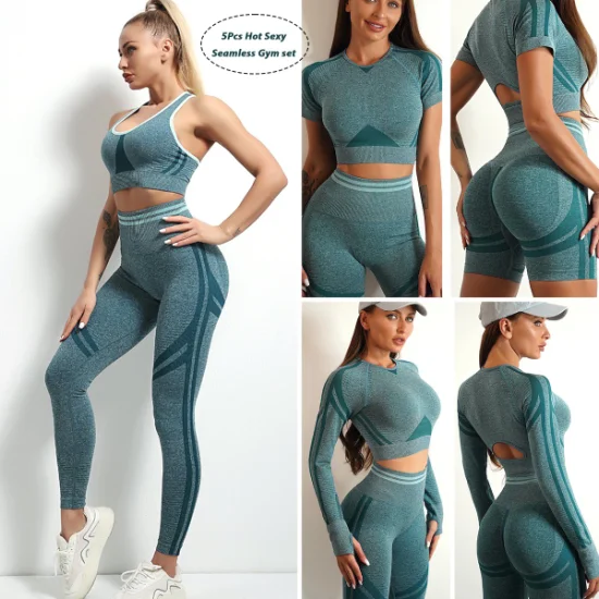 Großhandel Damen 5PCS Hot Fashion Ropa De Yoga Wear Trainingskleidung für Frauen, benutzerdefinierter nahtloser BH + Crop Top + Scrunch Gym Shorts + Leggings Fitnessbekleidung