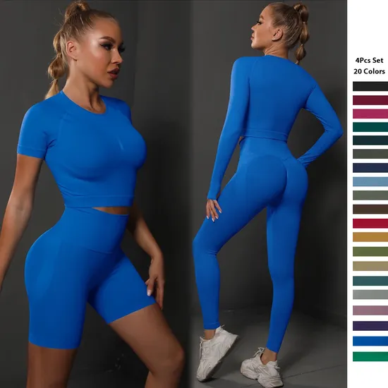 6 Farben Damen Nahtloses Yoga-Set Kurzarm-Crop-Top